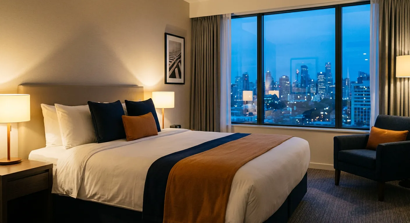 Calm hotel room at dusk with a city view